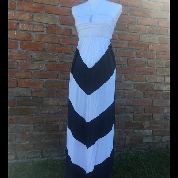 Strapless Chevron Maxi Dress Tube Navy White - Picture 2 of 5